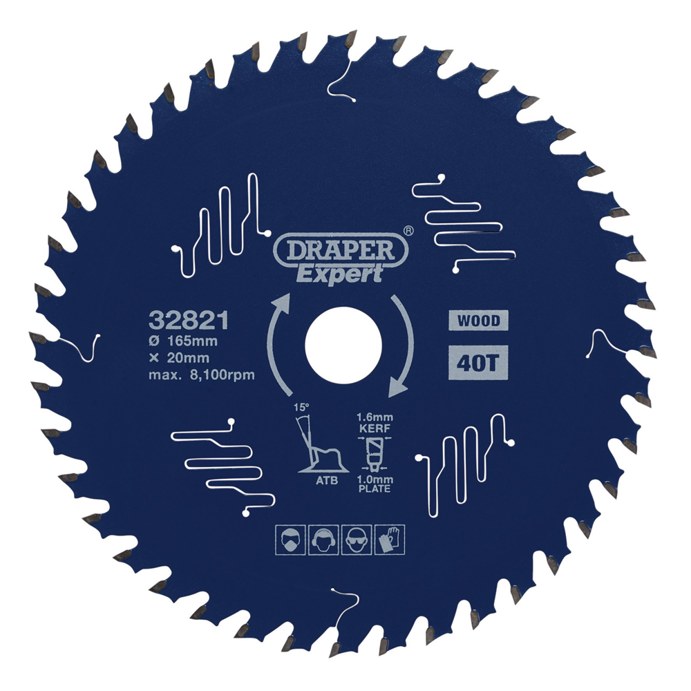 Draper TCT SAW BLADE 165MM 40T 32821 TCT Circular Saw Blade for Wood with PTFE Coating