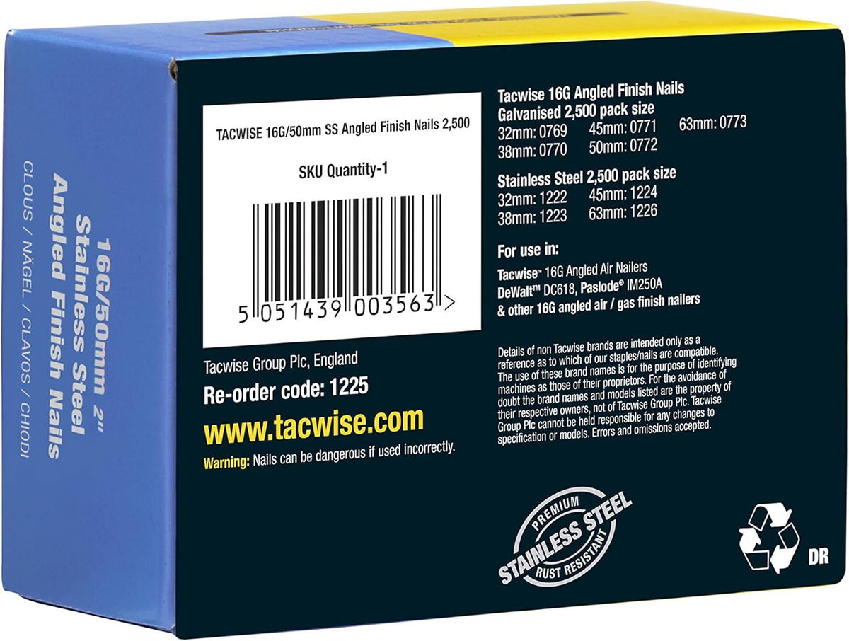 Tacwise 1225 Type 160 16G 50 mm Finish Nails Stainless Steel Pack of 2500 for Nail Staple Guns Trade Fixing