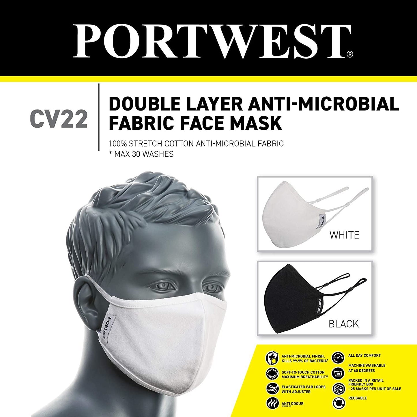 PORTWEST CV22 WHITE 2-Ply Anti-Microbial Fabric Face Mask Box of 25