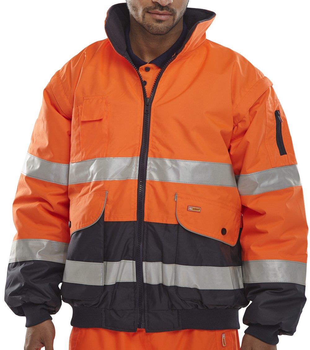 Beeswift Europa Two Tone Hi Vis Bomber Jacket Sizes S to 6XL with Removable Sleeves Detachable Fleece Liner Hood and Reflective Tape