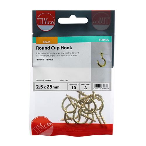 TIMCO Round Cup Hook - E/Brass 25mm Pack 10