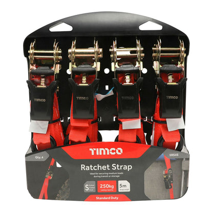 TIMCO S Hook Ratchet Straps STD 5m x 25mm Pack 4