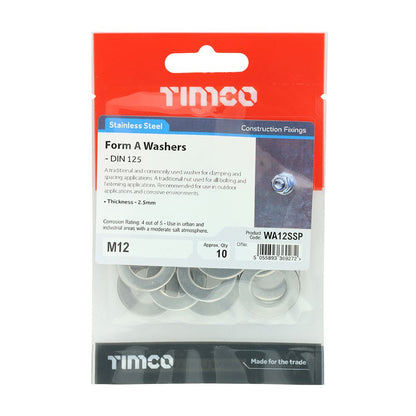 TIMCO Form A Washer DIN 125 - A2 SS M12 Pack 10