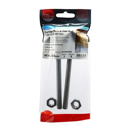 TIMCO Carriage Bolt & Hex Nut -A2 SS M10 x 130 Pack 2