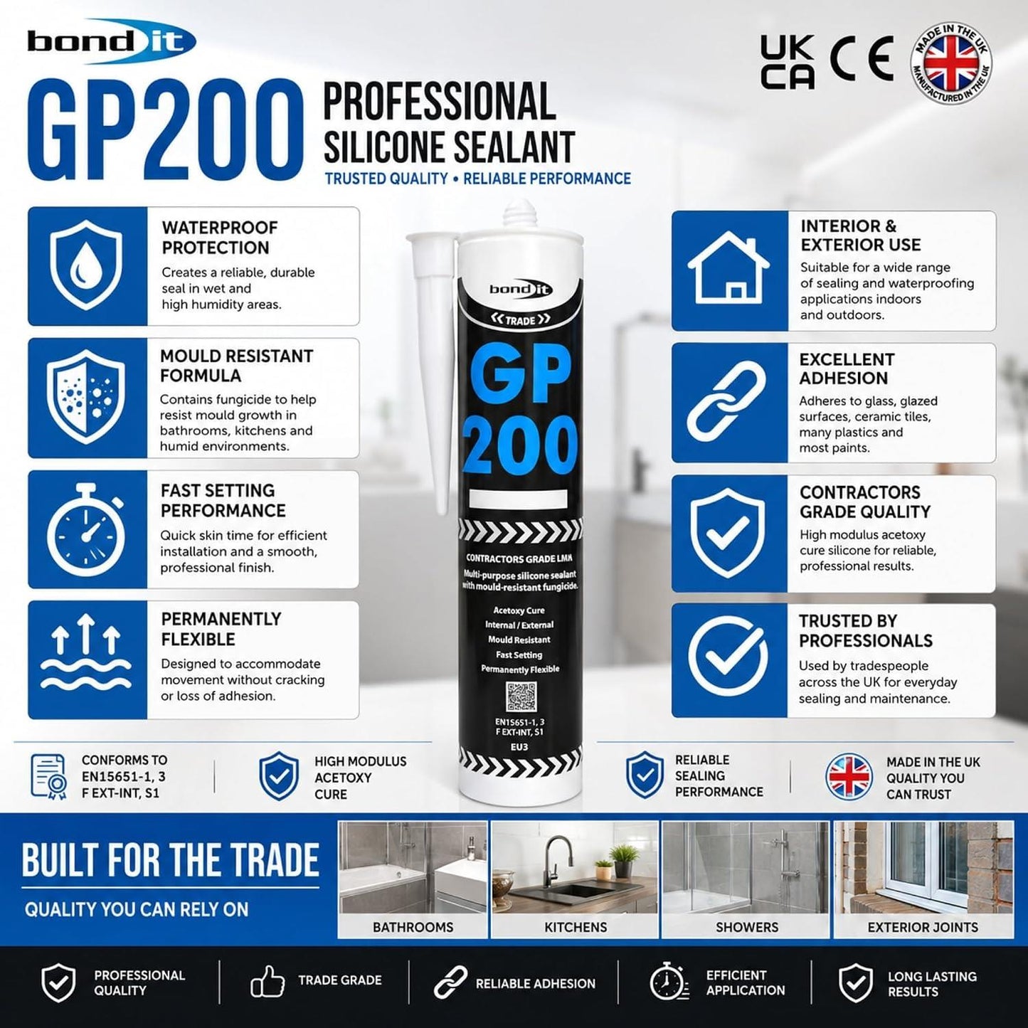 Bond It GP200 General Purpose Silicone Sealant 275ml – All Colours – Waterproof, Fast Setting and Mould Resistant for Interior and Exterior Use