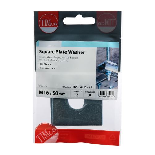 TIMCO Square Plate Washer - BZP M16 x 50 x 50 x 3 Silver Pack 2