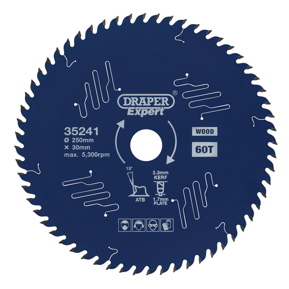 Draper TCT SAW BLADE 250MM 60T 35241 TCT Circular Saw Blade for Wood with PTFE Coating