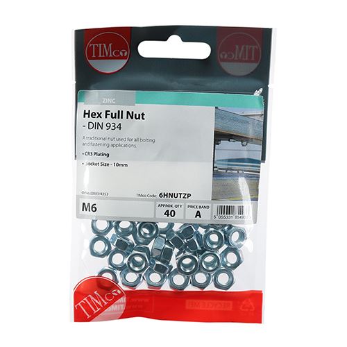 TIMCO Hex Nut DIN 934 - BZP M6 Silver Pack 40