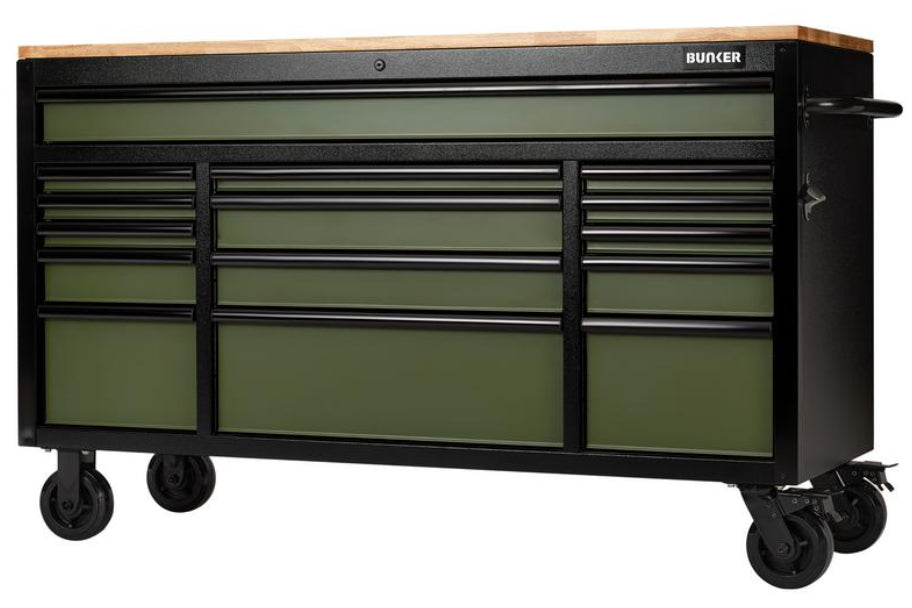 BUNKER  15 Drawer Workbench Roller Tool Cabinet, 61", Green