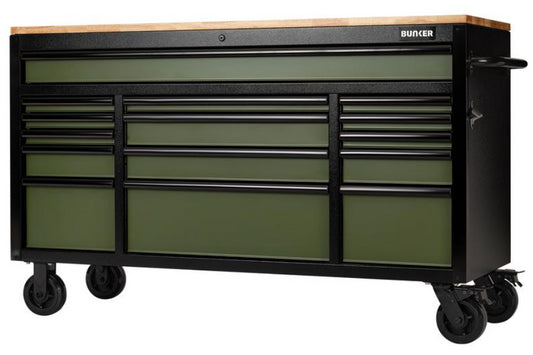BUNKER  15 Drawer Workbench Roller Tool Cabinet, 61", Green