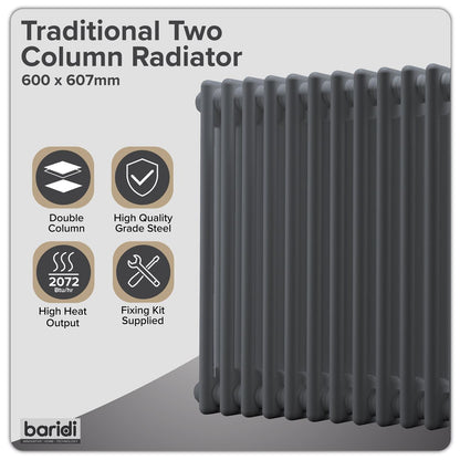 Baridi DH357 Horizontal Traditional 2 Column Radiator 600 x 607mm - Anthracite | Steel | Horizontal traditional two column radiator delivers a BTU