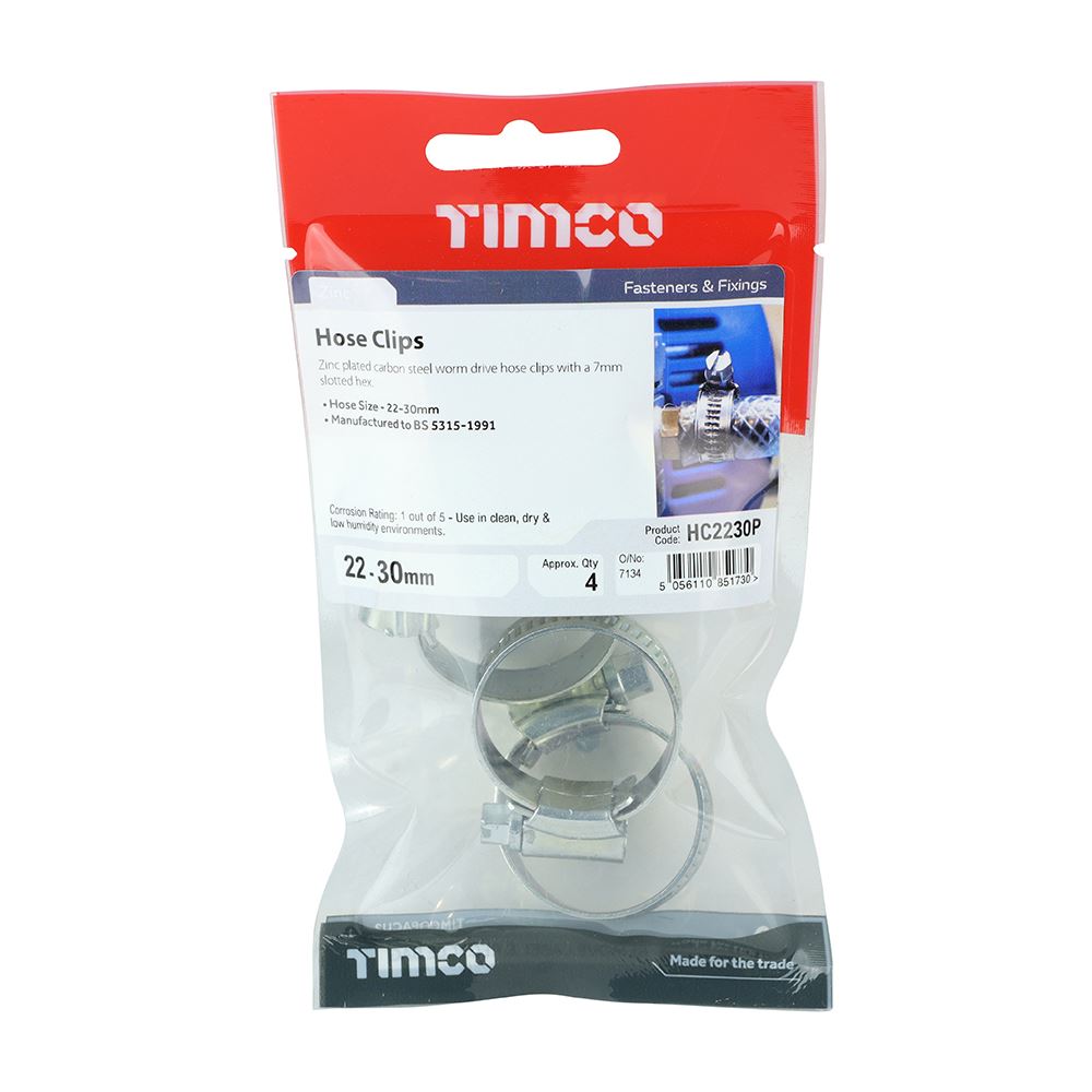 TIMCO Hose Clips - Zinc 22-30mm Silver Pack 4