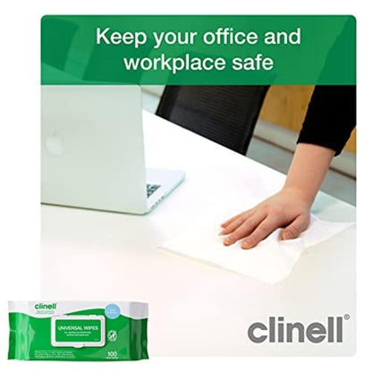 Clinell Universal Wipes White Pack of 100 Antibacterial Cleaning and Disinfectant Wipes for Hands Surfaces Equipment Healthcare Workplace and Home Use