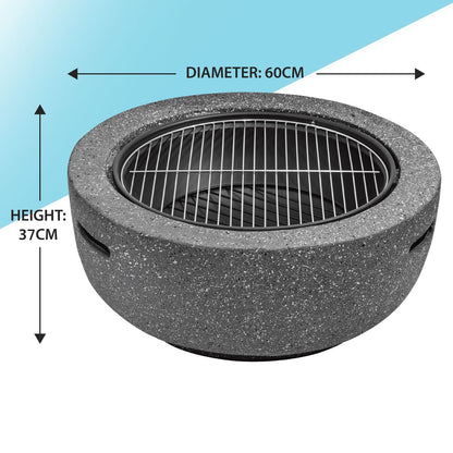 Dellonda DG189 Round MgO Fire Pit with BBQ Grill & Safety Mesh Screen 60cm - Dark Grey | Magnesium Oxide | The fire pit is made from MgO (Magnesium