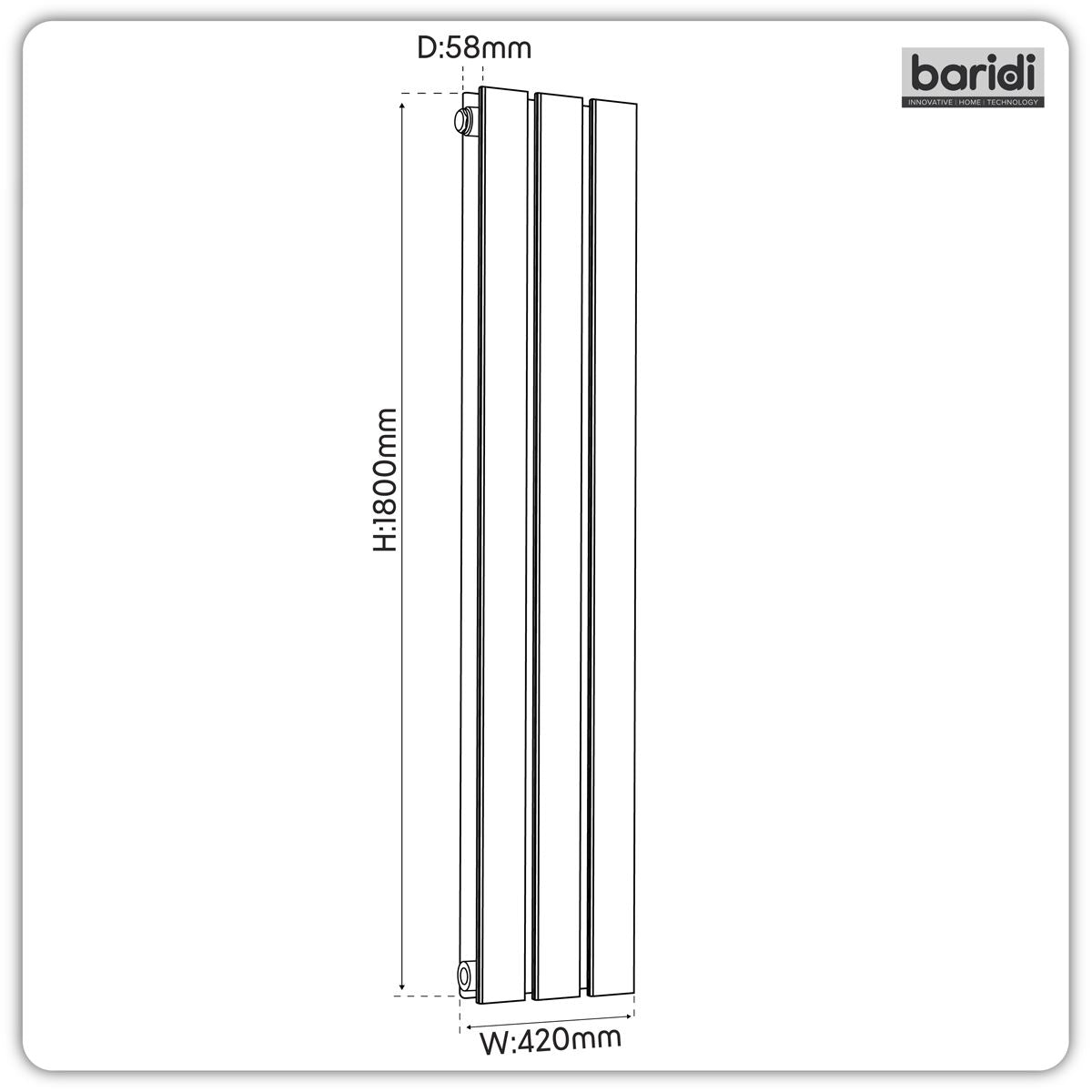 Baridi DH354 Vertical Radiator Contemporary Double Flat Panel Design 420 x 1800mm - Black | Steel | Vertical flat panel design delivers a BTU output