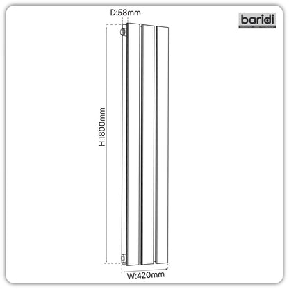 Baridi DH354 Vertical Radiator Contemporary Double Flat Panel Design 420 x 1800mm - Black | Steel | Vertical flat panel design delivers a BTU output