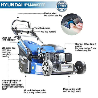 Hyundai HYM480SPER Petrol Lawn Mower 48cm 19in 139cc Electric Start Self Propelled Rear Roller 480mm Garden Mower Garden Grass Cutting