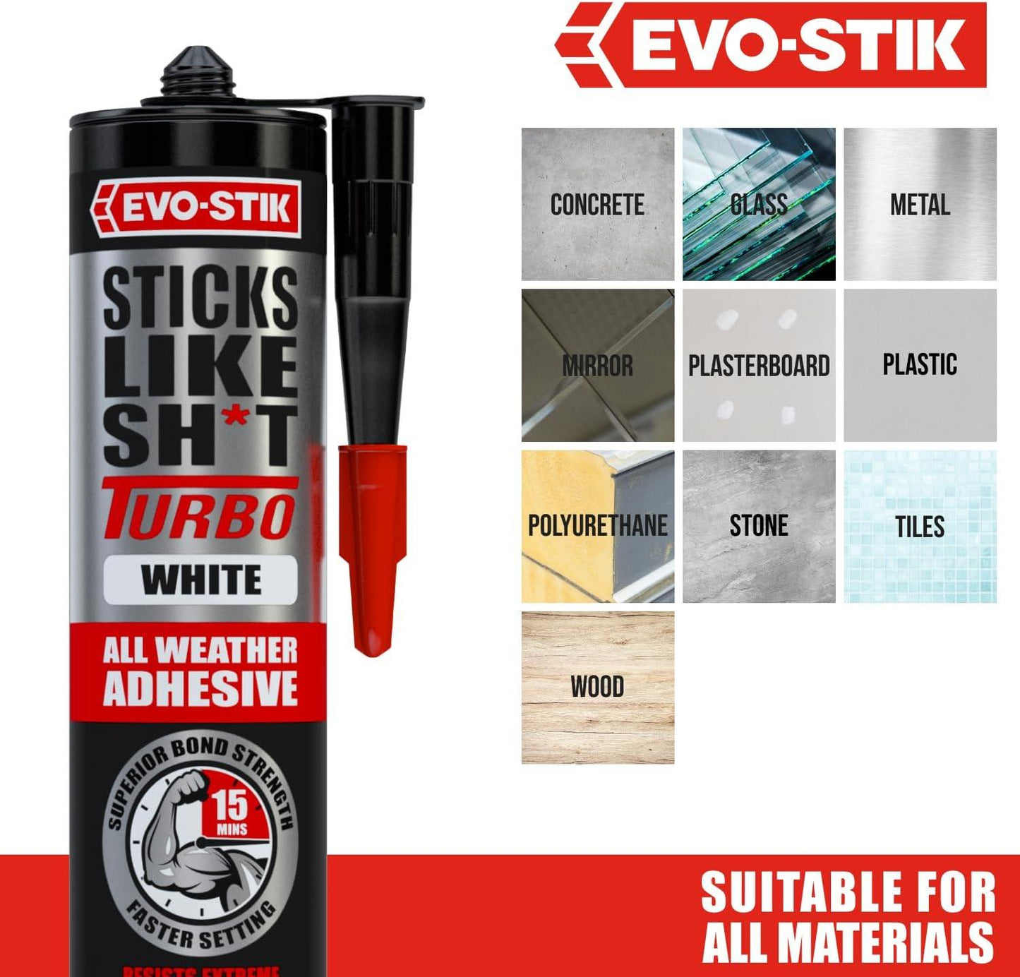 EVO-STIK Sticks Like Sh*t Turbo Adhesive, White , All Weather, Fast Setting, Extreme Temperature & Movement Resistant, 290ml