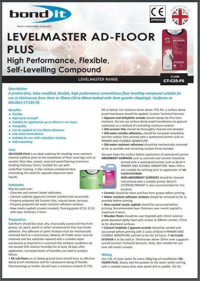 Bond It LEVELMASTER AD-FLOOR PLUS Self Level Leveling Compound Floor Screed 20KG