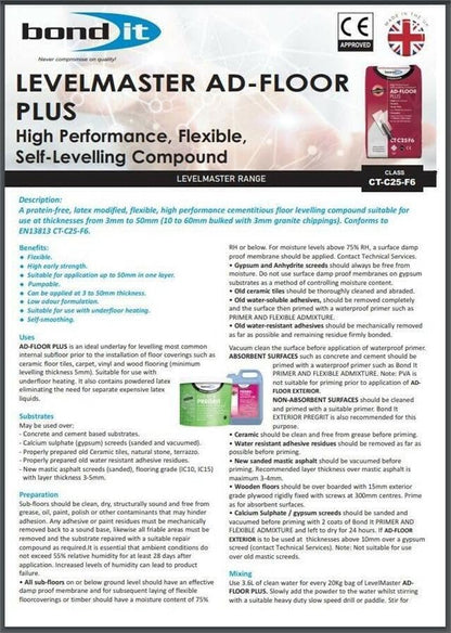 Bond It LEVELMASTER AD-FLOOR PLUS Self Level Leveling Compound Floor Screed 20KG