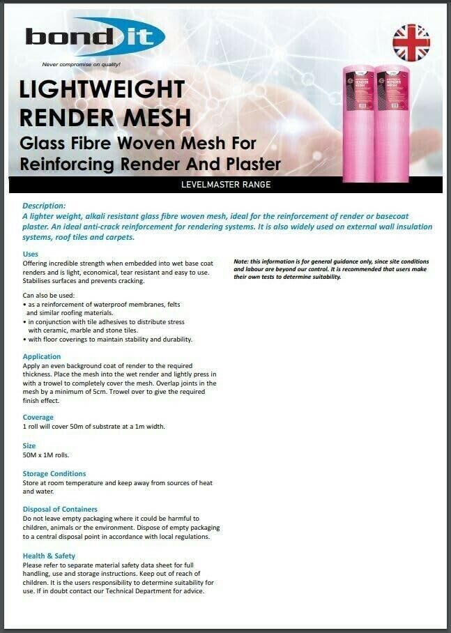 Bond It Render Mesh 160g/m2 Fibreglass Rendering Plastering Crack Repair 50sqm