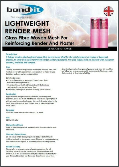 Bond It Render Mesh 160g/m2 Fibreglass Rendering Plastering Crack Repair 50sqm