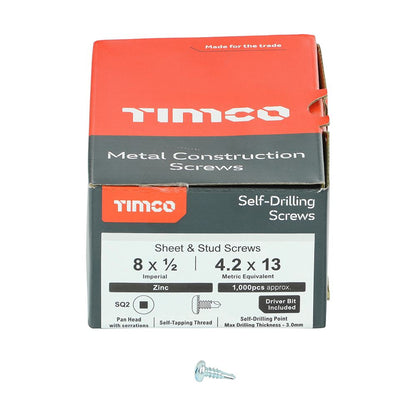 TIMCO Pan Screw SQ2 S/DRILL No3 Zinc 8 x 1/2 Silver Pack 1000