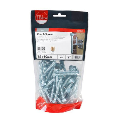 TIMCO Coach Screws Hex Head Silver  - 8.0 x 60 TIMbag OF 65 - 0860CSCB