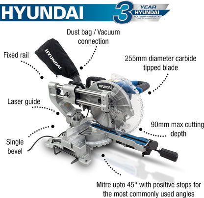 Hyundai HYMS2000E Electric Mitre Saw 2000W 230V 255mm Chop Saw Sliding Saw Woodworking Chop Saw