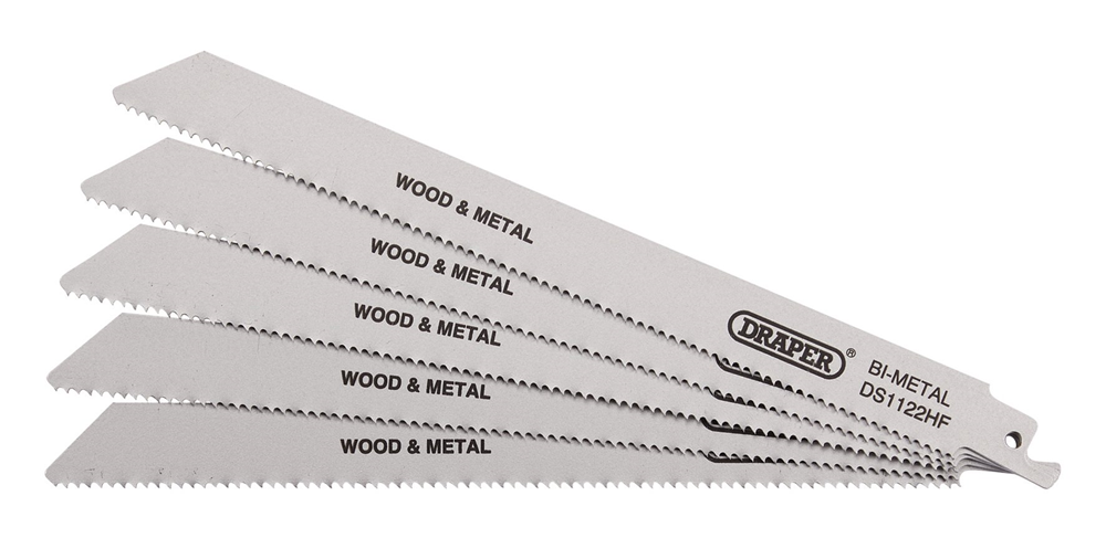 Draper RECIP SAW BLADE 5PCS - S1122HF 38754 Bi-metal Reciprocating Saw Blades for Multi-Purpose Cutting, 225mm, 10tpi (Pack of 5)