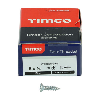 TIMCO Twin Woodscrew PZ2 CSK Zinc 8 x 3/4 Silver Pack 200