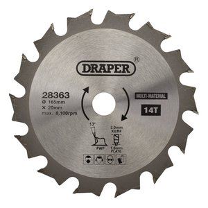 Draper TCT SAW BLADE 165MM 14T MULTI 28363 TCT Multi-Purpose Circular Saw Blade, 165 x 20mm
