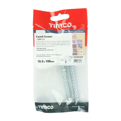 TIMCO Coach Screws Hex Head Silver  - 10.0 x 100 TIMpac OF 2 - 10100CSCP