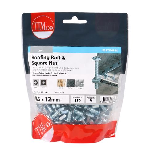 TIMCO Roofing Bolt & SQ Nut - BZP M6 x 12 Silver Pack 150