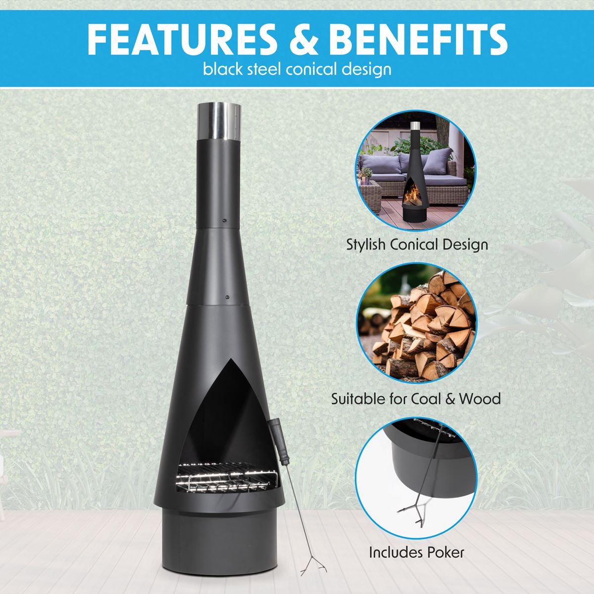 Dellonda DG109 Outdoor Chiminea, Fireplace, Fire Pit, Heater, Durable, Black Steel | Stylish chiminea is perfect for relaxing outdoors with family and