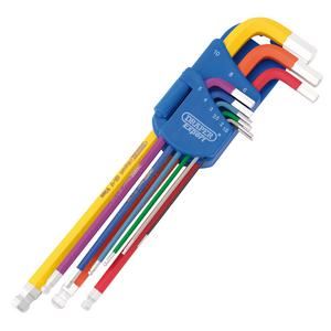 Draper XL COLOUR BALL HEX KEY SET 9PC 66134 Metric Coloured Extra Long Hex. and Ball End Key Set (9 Piece)