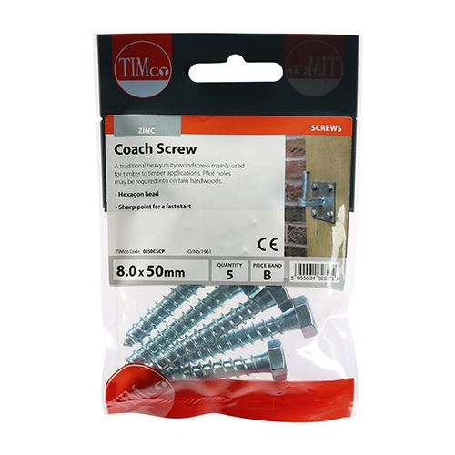 TIMCO Coach Screws Hex Head Silver  - 8.0 x 50 TIMpac OF 5 - 0850CSCP