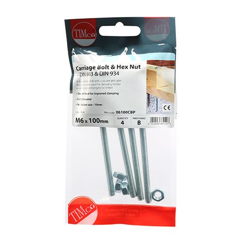 TIMCO Carriage Bolt & Hex Nut - BZP M6 x 100 Silver Pack 4