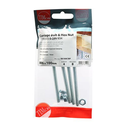 TIMCO Carriage Bolt & Hex Nut - BZP M6 x 100 Silver Pack 4