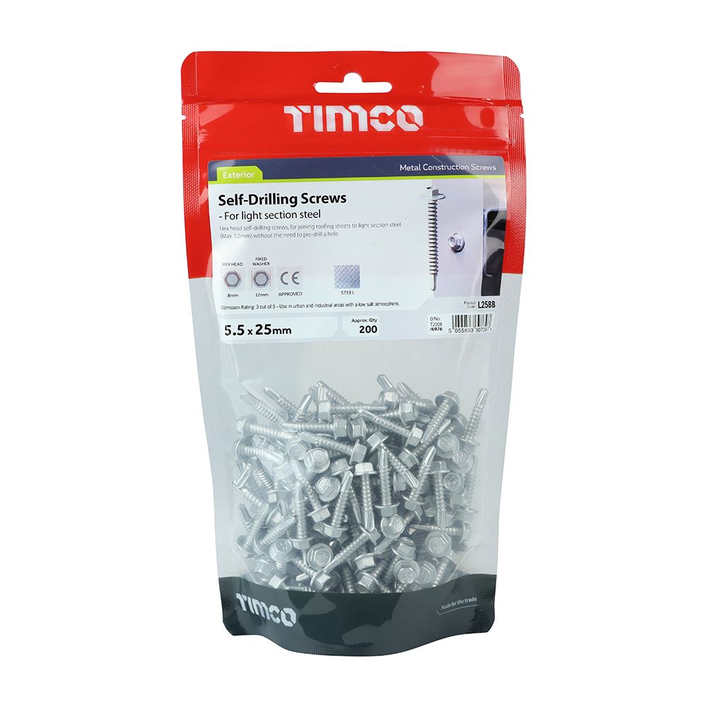 TIMCO Hex No.3 S/Drill Screw Bag SO 5.5 x 25 Silver Pack 200