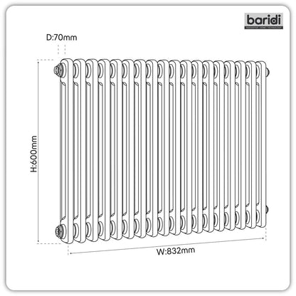 Baridi DH368 Horizontal Traditional 2 Column Radiator 600 x 832mm - White | Steel | Horizontal traditional two column radiator delivers a BTU output