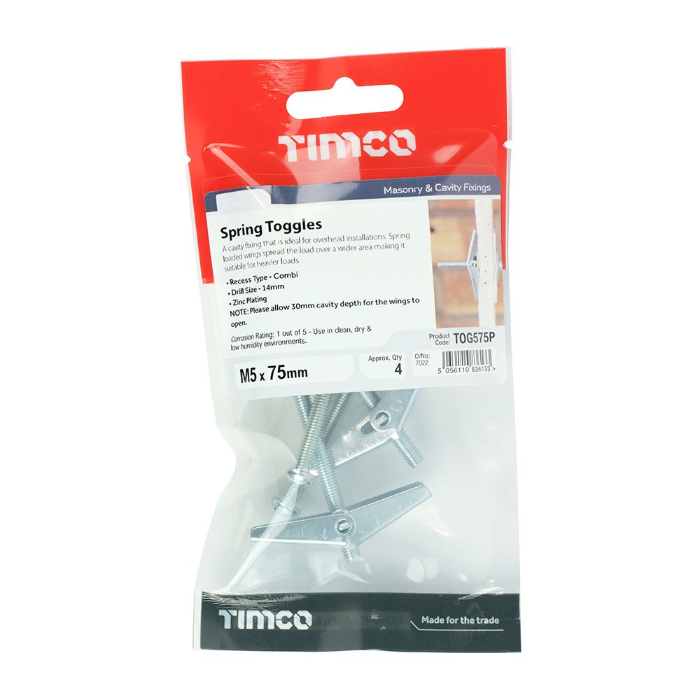 TIMCO Spring Toggle - BZP M5 x 75 Silver Pack 4