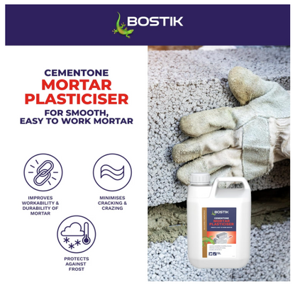 Bostik Mortar Plasticiser 5L Liquid Cement Admixture for Bricklaying Blockwork Rendering Improves Workability Durability Frost Resistance
