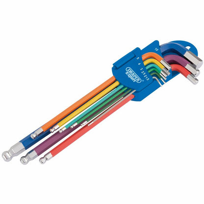 Draper XL COLOUR BALL HEX KEY SET 9PC 66134 Metric Coloured Extra Long Hex. and Ball End Key Set (9 Piece)