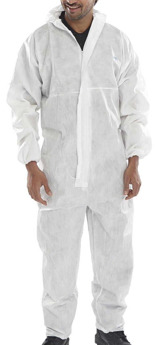 Pack of 20 Beeswift COC10W Disposable Coverall Type 5/6 White – Hooded Protective Suit for Dust, Reduced Spray & Limited Splash, Sizes S-4XL