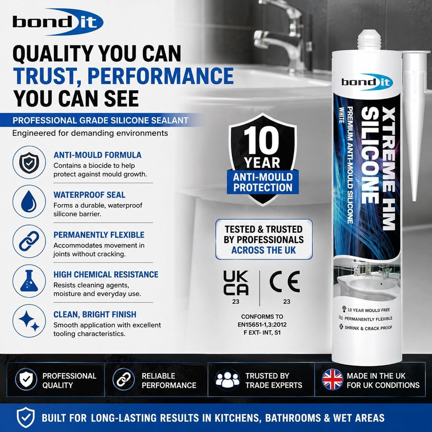 Bond It Extreme Sanitary Sealant – Anti Mould Bathroom & Kitchen Sealant, White Clear Grey