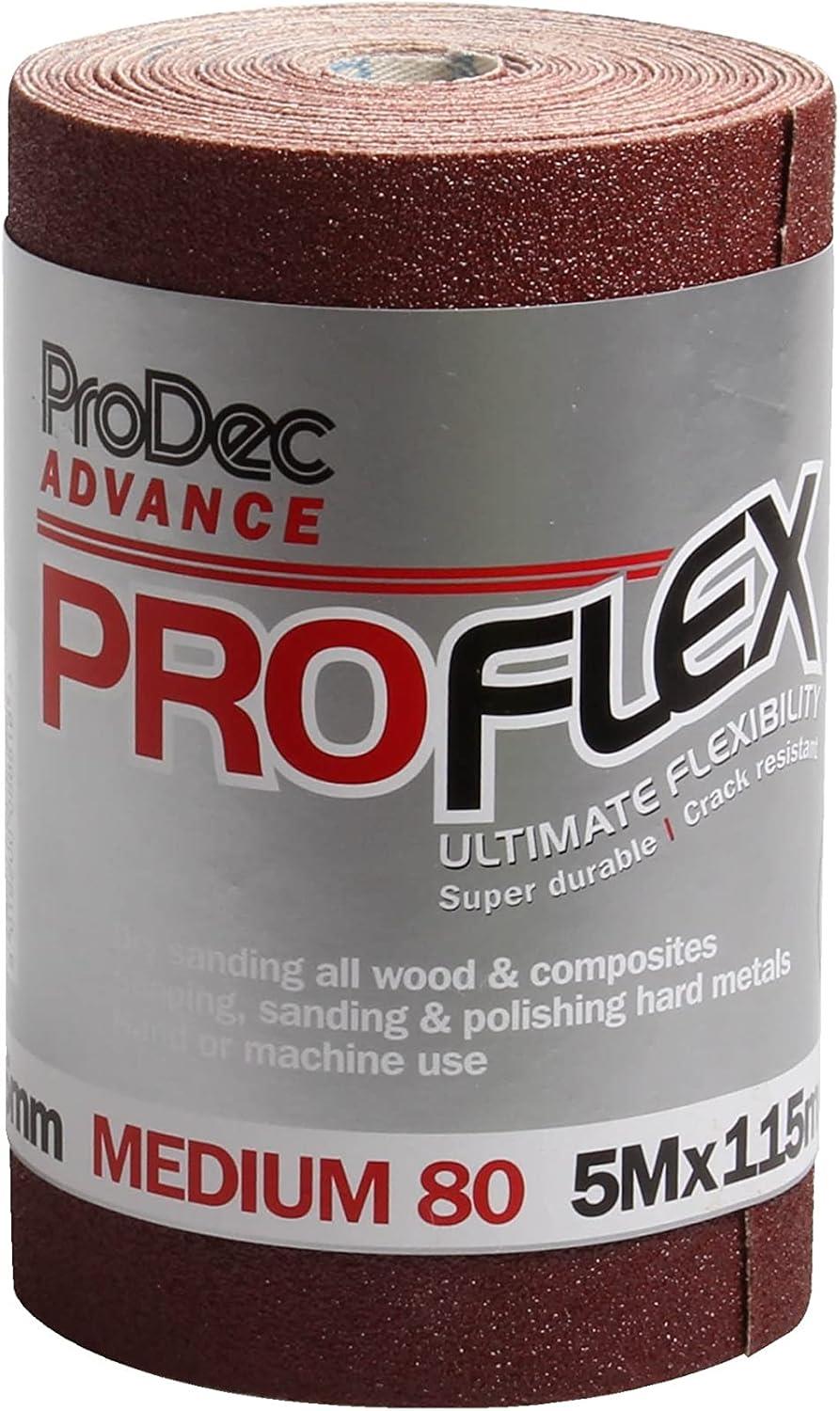 ProDec Advance ProFlex 80 Grit Medium Abrasive Sanding Roll 5m x 115mm – Flexible Low-Clog Aluminium Oxide Cloth for Hand or Machine Sanding