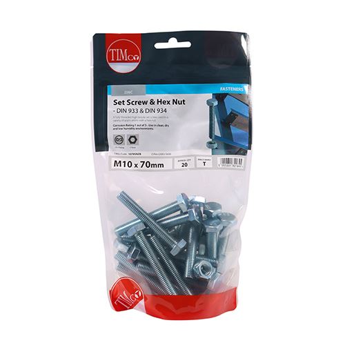 TIMCO Set Screw & Hex Nut - BZP M10 x 70 Silver Pack 20