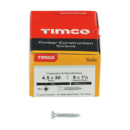 TIMCO Solo Woodscrew PZ2 CSK Zinc 4.5 x 30 Silver Pack 200