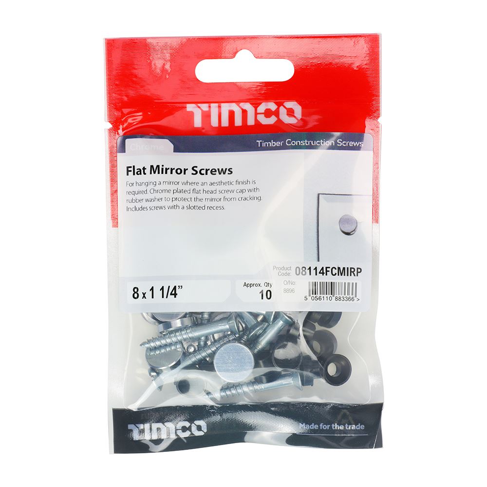 TIMCO Mirror Screw Flat - Chrome 8 x 1 1/4 Pack 10